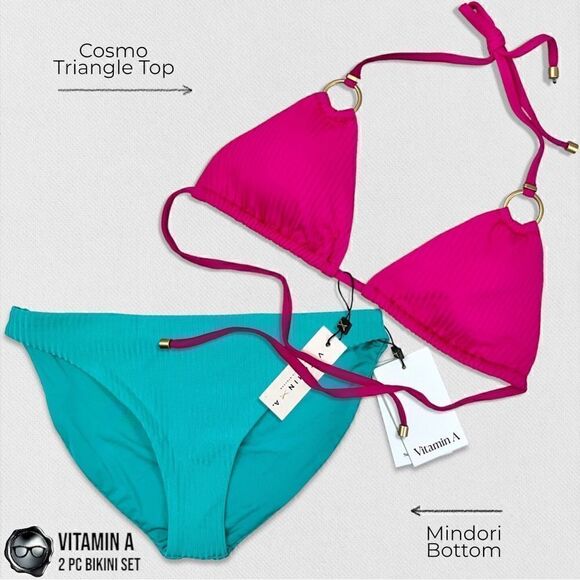VITAMIN A SWIM BIKINI SET : MAGENTA COSMO TRIANGLE TOP + TURQUOISE MIDORI BOTTOM - Picture 16 of 16